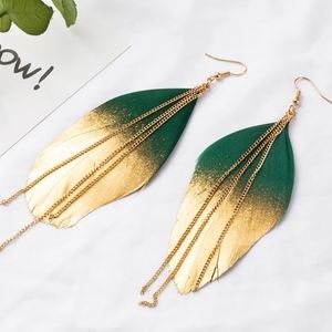 Boho Gold Dust Double Color Exotic Feather Dangle Tassel Earrings, Green & Gold